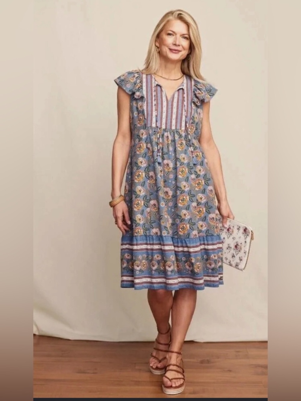 NWT Matilda Jane "Pasture" blue floral flutter sleeve dress floral stripe S